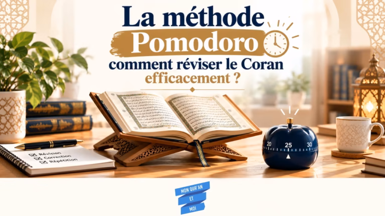 Coran ouvert sur un lutrin à côté d’un minuteur Pomodoro réglé sur 25 minutes, illustrant une séance de révision du Coran.
