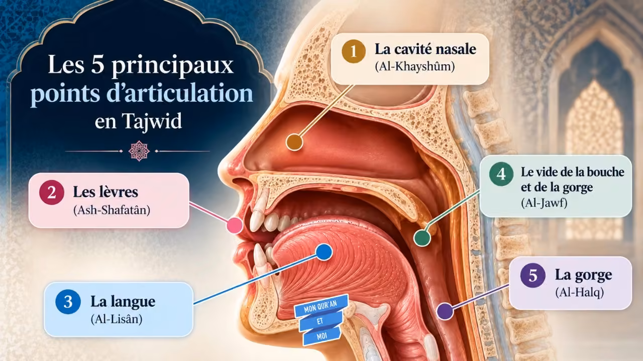 Les cinq principaux points d'articulation du Tajwid : cavité nasale, lèvres, langue, vide de la bouche et de la gorge, gorge